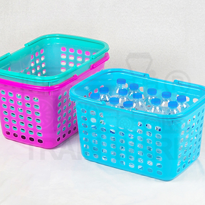 Wholesale clear-pastel plastic shopping baskets in bulk mixed colors pink green blue with custom logo printing service located in Bang Kradi Rama 2 Bangkok Thailand