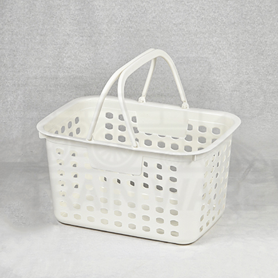 Wholesale and OEM white plastic shopping baskets in bulk mixed colors pink green blue with custom logo printing service located in Bang Kradi Rama 2 Bangkok Thailand