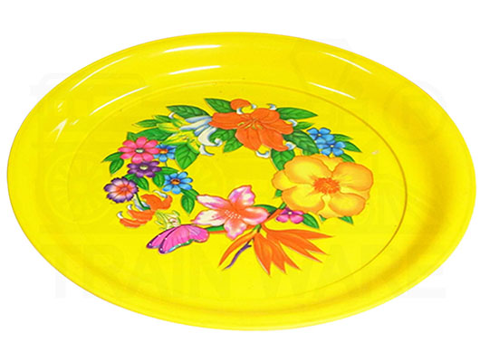 Wholesaler and manufacturer yellow round plastic tray, 10 and 14 inch with custom screen printing service in Thailand.